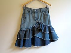 Mujeres Azul Denim falda rodilla falda vaquera con volantes Fall Denim Jeans Alterations, Fall Denim Skirt Outfits, Ruffle Skirt Outfit, Long Denim Skirt Outfit, Jeans Upcycle, Diy Denim Skirt, Jeans Ideas, Upcycled Jeans, Diy Denim