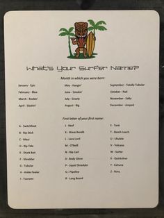 a sign that says what's your summer name? with an image of a tiki holding a surfboard