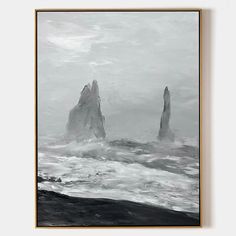 a black and white painting with two rocks in the middle of the ocean on a gray day