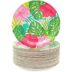 a stack of paper plates with pink and green leaves on them