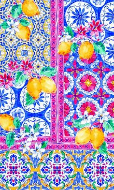 an artistic tile design with lemons and flowers on the border, painted in bright colors