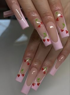 Pink french tip heart cherry nails nail inspo nail ideas Retro Nails, Long Acrylic Nail Designs, Cherry Nails, Classy Acrylic Nails, Summer Acrylic Nails, Pink Acrylic Nails, Square Acrylic Nails, Nail Art Ideas, Heart Nails