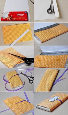 the steps to make an origami book cover with scissors and tape are shown