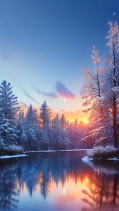 a lake surrounded by trees with the sun setting in the sky above it and snow on the ground