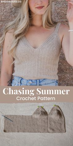 a woman wearing a straw hat with her hands on her hips and the text, chasing summer crochet pattern