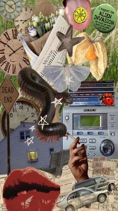 a collage of various items including a car, clock, and other things in the background