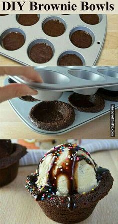 chocolate cupcakes with ice cream and sprinkles in them on a tray