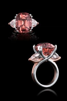 Allegre Tourmaline Ring features a rare sunset color tourmaline with the perfect combination of pink, orange, and peach. It is accented by two trillion-cut natural pink zircons set in white & rose gold. Sunset Color