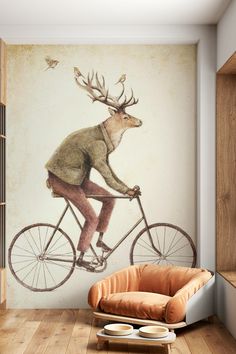 a room with a deer riding a bicycle