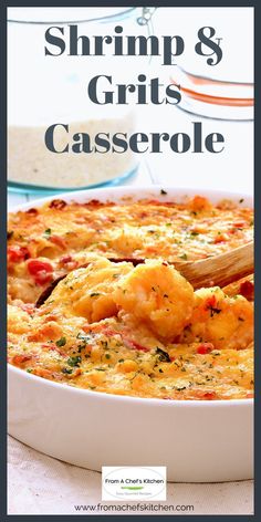 shrimp and grits casserole with text overlay