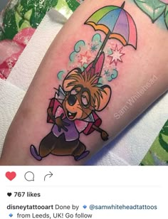 a cartoon character with an umbrella on her leg, and the caption says i love you