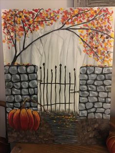 a painting of a gate with pumpkins in the foreground and a tree behind it