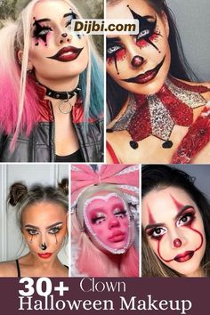 Make Your Own Clown Costume, Women Halloween Face Paint, Scary Clown Women Costume, Circus Misfit Makeup, Kid Scary Clown Makeup, Womens Halloween Face Makeup, Halloween Clown Outfit Women, How To Do Clown Makeup Easy, Scary Ring Master Makeup