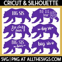 the silhouettes of bears are shown in purple and gold, with words that read cricut & silhouette