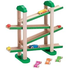 a wooden toy set with cars and ladders