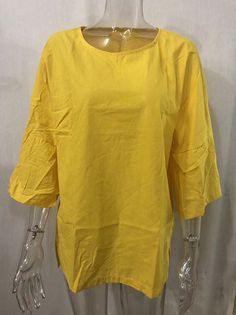 Linen Three-Quarter Sleeves Solid Color Split-Joint Split-Side Round-N - rrdeye Yellow Cotton V-neck Shirt, Yellow Casual Solid Color Shirt, Casual Solid Yellow Shirt, Solid Half Sleeve T-shirt For Summer, Yellow Stretch Solid Color Top, Yellow Solid Color V-neck Top, Yellow Spring Shirt, Long Sleeve Plain T-shirt For Summer, Plain Long Sleeve Summer T-shirt