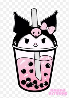 a cartoon character in a pink drink with a bow on her head and black hair