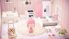 a dollhouse with pink walls and furniture in the kitchen, dining room and bedroom