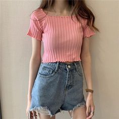 Material: Cotton Material: Polyester Item Type: Tops Tops Type: Tees Sleeve Length: Short Sleeve Style: Regular Fabric Type: Knitted Pattern Type: Solid Gender: WOMEN Clothing Length: Short Collar: Slash Style: Soft Girl Style, Soft Girl Crop Top, Soft Girl Outfits Size (cm) Width Length Sleeve S 62-84 30.0 13 M 66-88 32.0 14 L 70-92 34.0 15 Size (inch) Width Length Sleeve S 24.41-33.07 11.81 5.12 M 25.98-34.65 12.60 5.51 L 27.56-36.22 13.39 5.91 Soft Girl Style, Knitted Crop Top, Ruffle T Shirt, Soft Girl Outfits, Girls Crop Tops, Soft Girl Aesthetic, Short Sleeve Crop Top, Cropped Knit Sweater, Y2k Aesthetic Outfits