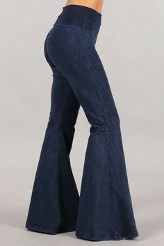 Fabulous! Mineral washed bell bottom stretch pants with wide fold-over waistband for extra support and tummy control.  Seam detail in back for a flattering flared design. Comfortable alternative for jeans for all day and everyday wear for all sizes.  Each item is hand-dyed for its unique character and american vintage laundered look,  should expect variations in color and finishing. Fabric: USA made Cotton/Spandex 93/7 Jersey Proudly made in the USA Stay Sexy! Chic Flare Bottoms At Low Price, Bellboytom Jeans, Cheap Blue Bottoms With Adjustable Waist, Mid-rise Cotton Flares In Medium Wash, Blue Flared Hem Flares For Spring, Mid-rise Medium Wash Cotton Flares, Blue Flares With Flared Hem For Spring, Fitted Blue Flare Jeans With Flared Hem, Blue Fitted Flare Jeans With Flared Hem