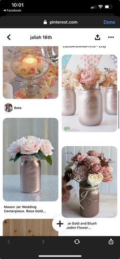 the instagram page for pinterest com is displayed on an iphone screen, with flowers in mason jars and candles