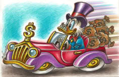 a cartoon duck driving a car filled with money