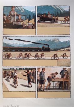 several pictures of people on bicycles and an old train in the background, with men standing around