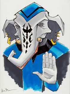 an elephant is wearing a blue and white suit with two hands in front of his face