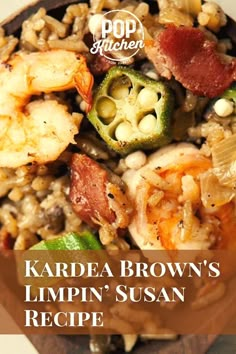 the cover of kardaa brown's limpin'suan recipe with shrimp, jalapenos and other vegetables