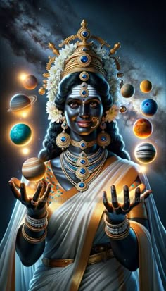 an image of the goddess in space with her hands up and planets around her face