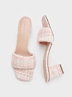 Light Pink Tweed Quilted-Heel Mules - CHARLES & KEITH US Charles And Keith Shoes, Light Pink Heels, Charles And Keith, Pink Mules, Shoes Heels Classy, Shoe Wishlist, Pink Tweed, Brunch Date