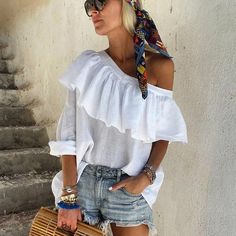 Women Classy Off The Shoulder Ruffled Pure Colour Shirt Linen Blouses, Off Shoulder Ruffle Top, Women White Blouse, Off Shoulder Shirt, Traje Casual, Linen Blouse, Summer Style Casual, Shoulder Shirts, Jumpsuit Fashion