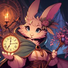 a rabbit holding a clock with flowers on it's head and wearing a cape