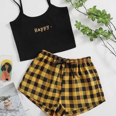 Plaid Bottoms ..Super Cute! Tank Top Adjustable Straps Comfortable Fit Stretch Fit Pijama Shein, Shein Brasil, Cute Sleepwear, Pajama Outfits, Gingham Shorts, Shein Outfits, Cute Lazy Outfits, Lazy Outfits, Tween Outfits