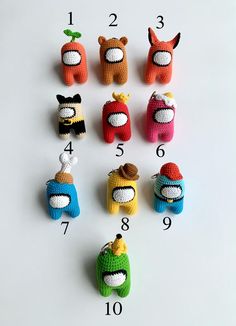 the crocheted toy characters are arranged in different colors and sizes, with numbers on each side