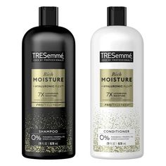 Set Of 2 TRESemme Rich Moisture Shampoo &Conditioner Hyaluronic Plex 28 oz NEW TRESemmé Luxurious Moisture Shampoo and Conditioner Set with Vitamin E, There's something about silky hair that's full of natural movement that lets you take on the day with confidence. You can now get that style without having to go to a salon with TRESemme Rich Moisture Shampoo and Conditioner for dry hair. The hydrating shampoo and conditioner are designed to deliver intense hydration to dry strands, leaving your hair with a beautiful, healthy, salon-worthy shine. The result? Gorgeously silky hair that lasts and lasts. These TRESemme shampoos and conditioners are free from Parabens, Mineral Oils, Dyes, and DMDM Hydantoin. How to use the Rich Moisture System: Step 1: Apply the shampoo to wet hair liberally and Tresemme Shampoo, Conditioner For Dry Hair, Shampoo Packaging, Shampoos And Conditioners, Dry Hair Care, Shampoo And Conditioner Set, Hydrating Shampoo, Herbal Essences, Moisturizing Conditioner