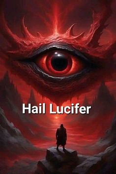 a man standing in front of an eye with the words hail lucifier on it