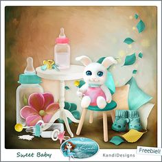 a digital painting of a baby's room with toys and items on the table