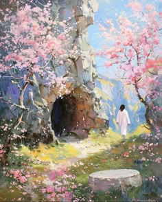 a painting of a person walking towards a cave with pink flowers in the foreground