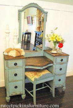 an old dresser with a mirror and stool on it's top is featured in the pinterest