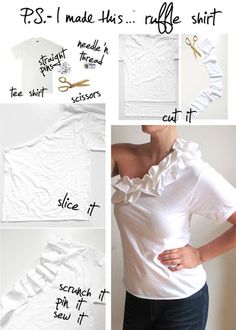 instructions to make a ruffled t - shirt with scissors and thread on the shoulder