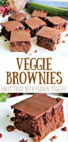 A pin for veggie brownies. The top photo shows several brownies served (with zucchini and beets hiding in the background of the photo). The bottom photo shows a closeup of a veggie brownie. Vegetable Cakes Recipes, Easy Hidden Veggie Recipes, Vegetable Brownies, Veggie Sides For Kids, Veggie Cookies, Hidden Veggie Cookies, Recipes With Hidden Veggies, Hidden Veggie Desserts, Hidden Veggie Brownies