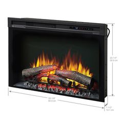 an electric fireplace with logs and flames on the front, in black frame against a white background