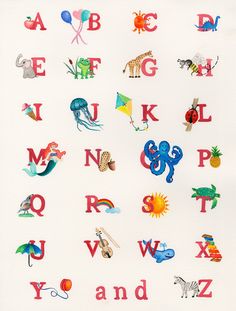 the alphabet is made up of different types of animals, letters and numbers on white paper