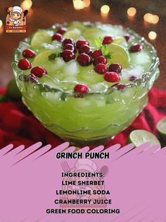 a green drink with cranberries and limes in it