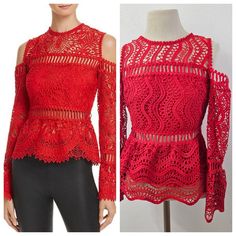 Slay Date Night In This Fashion-Forward Top From Venus, Defined By A Shoulder-Baring Silhouette And Sheer Embroidered Lace In The Season's Fiery Red Hue. Fits True To Size, Order Your Normal Size Round Neck, Cold-Shoulder Long Sleeves Allover Lace, Open-Embroidered Insets, Scalloped Trim Exposed Back Zip Closure, Lined In Chest Stock Photos Are For Reference Only. The Top Is Similar. The Lace Is Different Red Embroidered Tops For Party, Red Lace Tops For Spring, Red Lace Long Sleeve Top, Burgundy Blouse, Faux Leather Top, Date Night In, Wrap Shirt, Cold Shoulder Long Sleeve, Pink Leopard Print