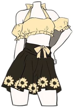 a drawing of a woman wearing a crop top and sunflower skirt