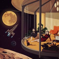 a man and woman sitting on the floor in front of a window looking at space