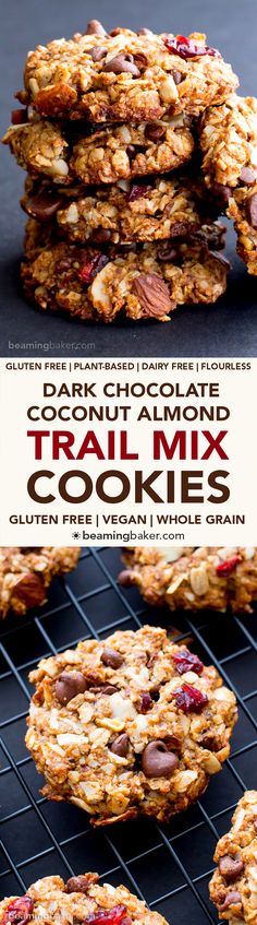 several cookies stacked on top of each other with the words coconut almond trail mix cookies