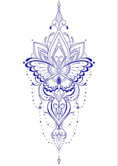 a blue and white drawing of a flower on a white background with an intricate design